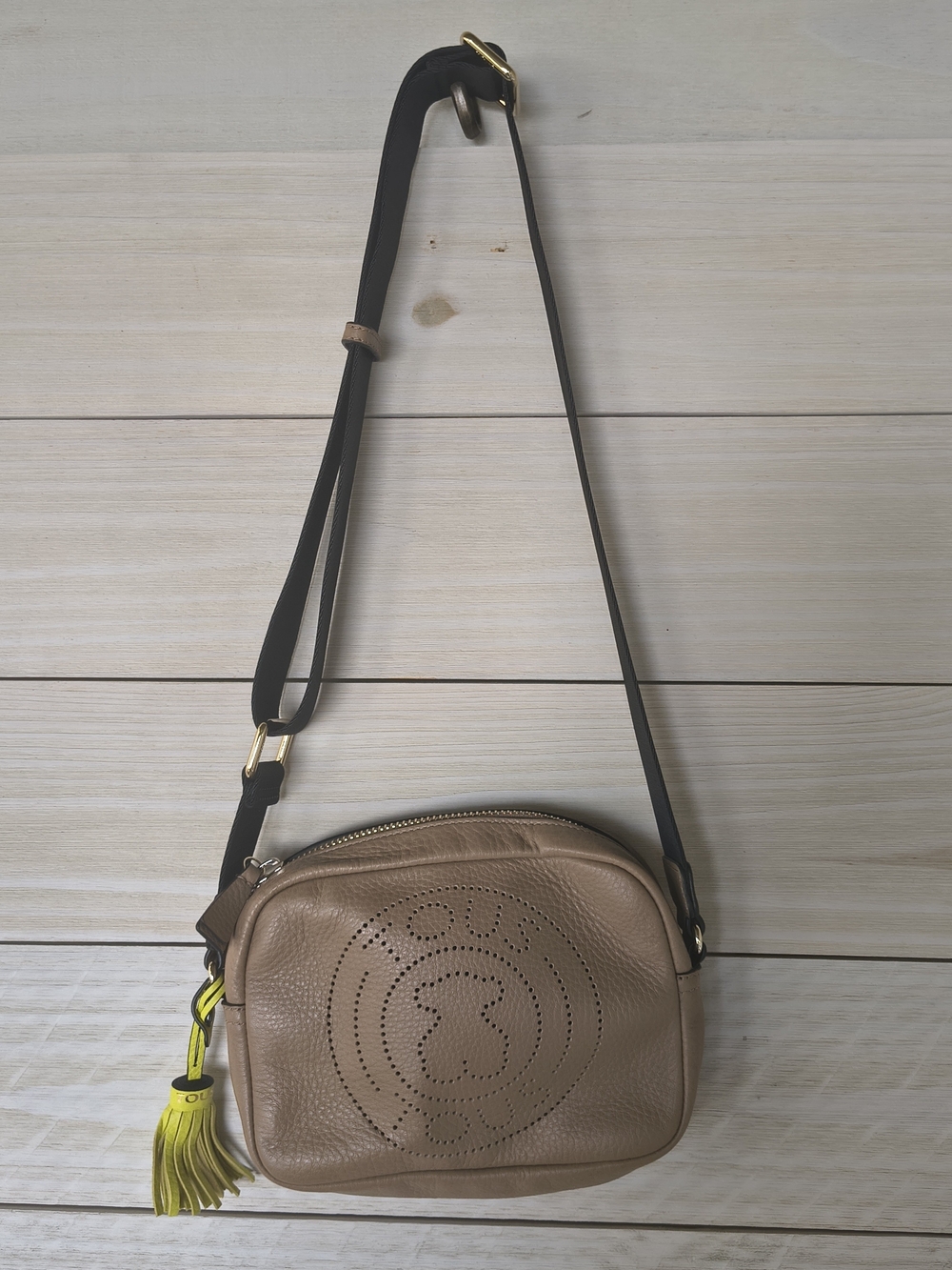 Tous Pebbled Leather Crossbody Bag in Taupe with Yellow Tassel